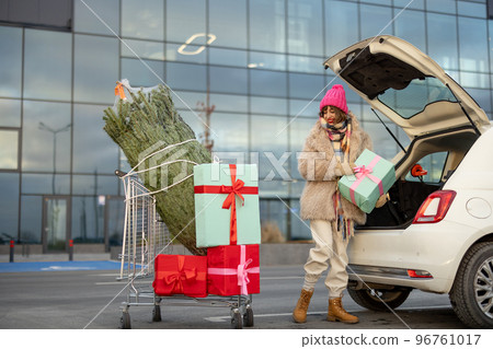 Woman buys Christmas presents and tree at mall 96761017