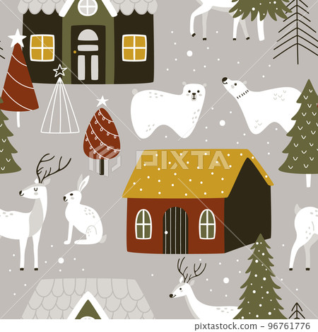 Hand drawn winter forest animals with houses and Christmas trees. Hand drawn winter forest animals with houses and Christmas trees. 96761776