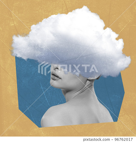 Contemporary art collage. Creative design. Young woman having head in the clouds. Personal thoughts. Psychology Contemporary art collage. Creative design. Young woman having head in the clouds. Personal thoughts. Psychology 96762017