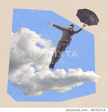 Contemporary art collage. Creative design. Stylish businessman flying with umbrella among clouds. Business ideas 96762018