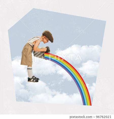 Contemporary art collage. Creative design. Little boy, child pouring rainbow from basket into clouds. Good mood Contemporary art collage. Creative design. Little boy, child pouring rainbow from basket into clouds. Good mood 96762021