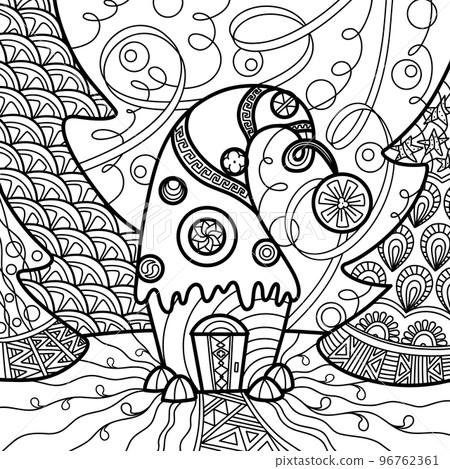 drawn gingerbread house in the forest, Christmas trees with decorations, coloring book 96762361