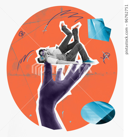 Contemporary art collage. Creative design. Young loving couple lying on giant hand. Family support, relationship and love 96762751