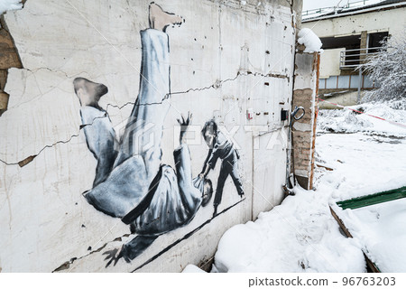 Drawing by artist Banksy in Borodyanka, Ukraine 96763203