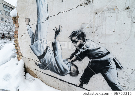 Drawing by artist Banksy in Borodyanka, Ukraine 96763315