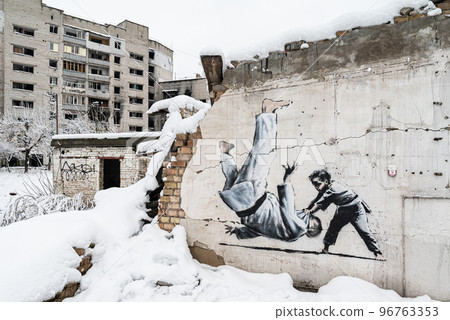 Drawing by artist Banksy in Borodyanka, Ukraine Drawing by artist Banksy in Borodyanka, Ukraine 96763353