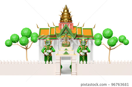 3d thai temple wall, castle with giant gatekeeper, tree isolated. 3d render illustration 96763681