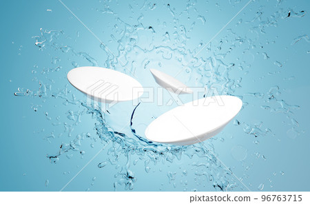 clean white dish with water splash for dish washing liquid, detergent ad, product advertisement, isolated on blue background, 3d render illustration 96763715