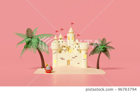 sand castle with towers, fort, gates and flags, sandy beach, palms tree, coconut, summer travel vacation concept, 3d illustration or 3d render sand castle with towers, fort, gates and flags, sandy beach, palms tree, coconut, summer travel vacation concept, 3d illustration or 3d render 96763794