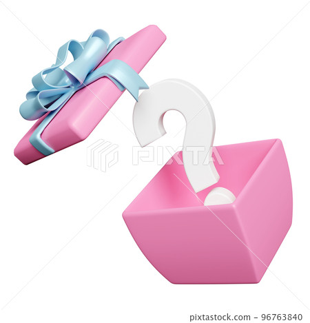 3d open gift box with white question mark symbol icon isolated. FAQ or frequently asked questions, minimal concept, 3d render illustration 96763840