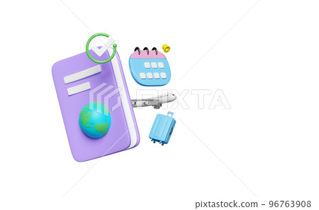3d passport or international travel for tourism, calendar for marked date business with airplane, check marks, suitcase isolated. 3d render illustration 96763908