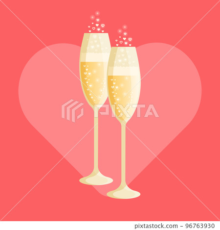 Two glasses of champagne with bubbles isolated on a red heart background Two glasses of champagne with bubbles isolated on a red heart background 96763930