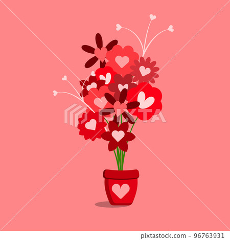 Heart shape red flowers in a flower pot. Love and romance symbol. Flat design. Isolated Vector Illustration Heart shape red flowers in a flower pot. Love and romance symbol. Flat design. Isolated Vector Illustration 96763931