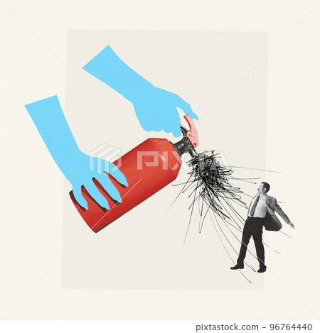 Contemporary art collage. Creative design. Illusion hands opening fire extinguisher in front of man. Business difficulties 96764440
