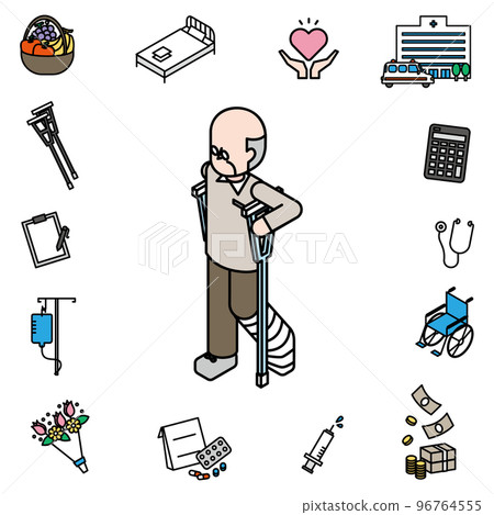 Isometric illustration of a senior man who broke his leg 96764555