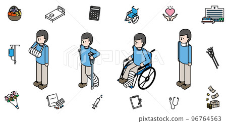 Set of isometric illustrations of injured man Set of isometric illustrations of injured man 96764563