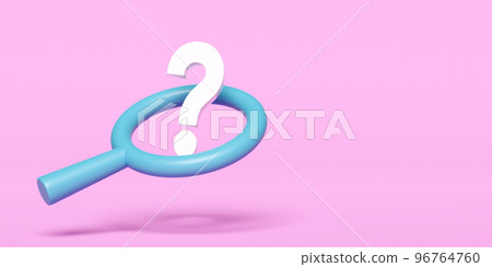 3d white question mark symbol with magnifying glass icon isolated on pink background. FAQ or frequently asked questions, minimal concept, 3d render illustration, clipping path 96764760