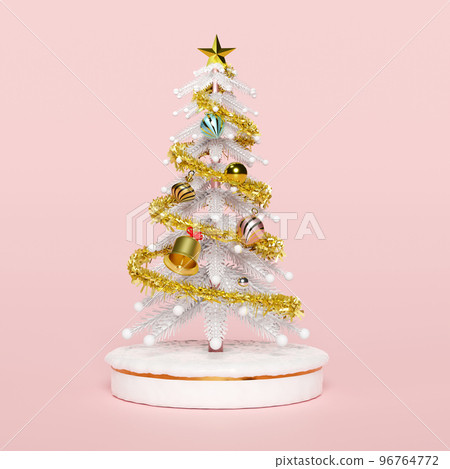 Christmas tree with snow and ornaments isolated on pink background. Concept Christmas and a festive New Year, 3d illustration or 3d render Christmas tree with snow and ornaments isolated on pink background. Concept Christmas and a festive New Year, 3d illustration or 3d render 96764772