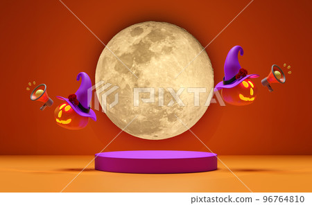 3d cylinder stage podium, halloween pumpkin holiday party with full moon, megaphone, witch hat isolated on orange background. marketing shopping, promotion news concept, 3d render illustration 96764810