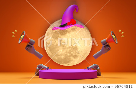 3d cylinder stage podium, hand of a undead hold megaphone holiday party with full moon, witch hat isolated on orange background. marketing shopping, promotion news concept, 3d render illustration 96764811