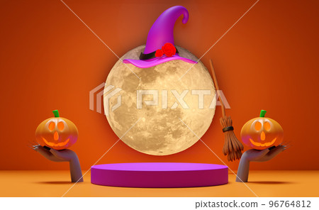 3d cylinder stage podium, hand of a undead hold pumpkin holiday party with full moon, witch hat, broom isolated on orange background. marketing shopping, promotion news concept, 3d render illustration 96764812