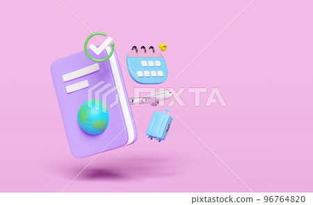 3d passport or international travel for tourism, calendar for marked date business with airplane, check marks, suitcase isolated on pink background. 3d render illustration, clipping path 3d passport or international travel for tourism, calendar for marked date business with airplane, check marks, suitcase isolated on pink background. 3d render illustration, clipping path 96764820