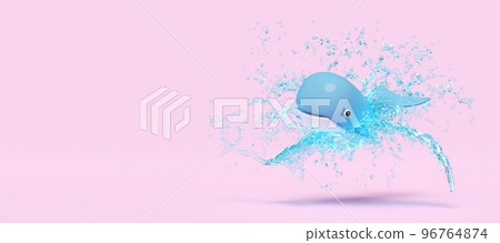 3d blue Inflatable whale with water splash, copy space isolated on pink background. summer travel concept, 3d render illustration 96764874
