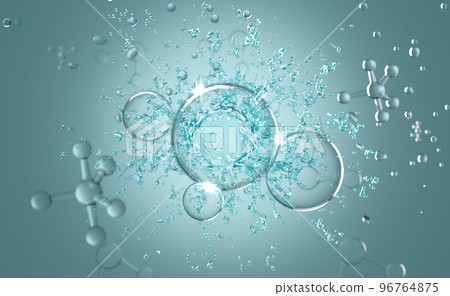 3d atom or molecule with water splash for medical science background. Abstract structure chemical, 3d render illustration 96764875