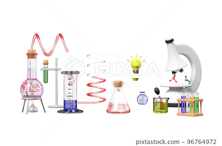 3d science experiment kit with alcohol lamp, beaker, test tube, microscope, light bulb isolated. classroom online innovative education, idea tip  concept, 3d render illustration 96764972