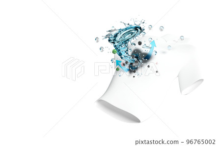 shirt show washing with a whirlpool, vortex, water rotating on the fabric fiber surface, 3d advertising illustration clean with washing powder, liquid detergent, 3d render 96765002
