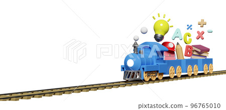 3d blue locomotive with wooden wagons with school supplies, copy space isolated. back to school, knowledge creates idea concept, 3d render illustration 96765010