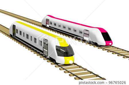 3d two bullet train cartoon with railroad tracks, sky train transport toy, summer travel service, planning traveler tourism train isolated. 3d render illustration 96765026