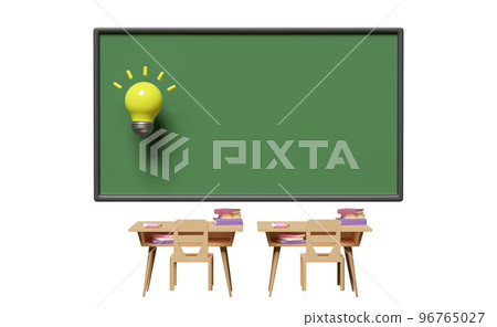 3d green blackboard template with light bulb, wooden school desk cartoon, chair, book isolated. idea tip concept, 3d render illustration 96765027