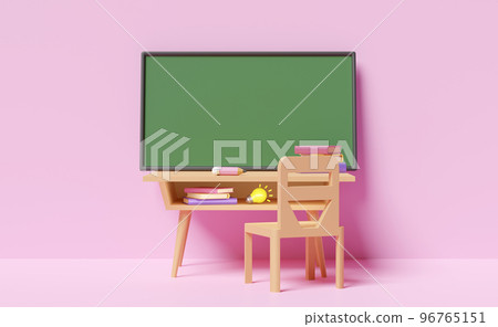 3d green blackboard template with wooden school desk cartoon, chair, light bulb, book isolated on pink background. 3d render illustration, clipping path 96765151