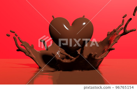 3d heart with hot chocolate splash  for valentine day isolated on red background. 3d render illustration, clipping path 96765154