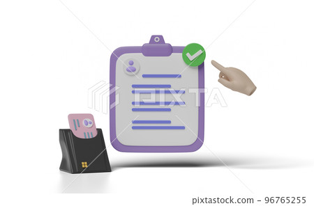 3d clipboard, checklist paper icon with USB smart card reader, Id card, hand pointing checkmark isolated. Business person card, job application, recruitment staff concept, 3d render 96765255