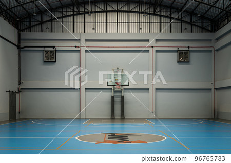 View from Empty basketball gym. Indoor basketball court, Interior of a basketball hall. 96765783