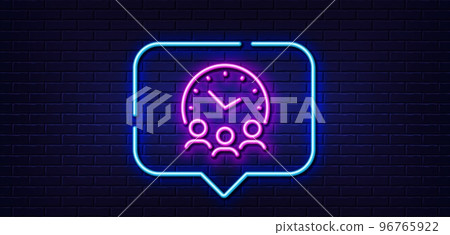 Neon light speech bubble. Meeting time line icon. Business teamwork sign. Working hours symbol. Neon light background. Meeting time glow line. Brick wall banner. Vector 96765922