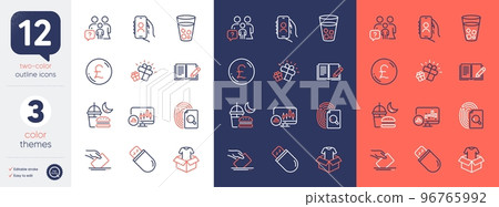 Set of Night eat, Gift and Pound money line icons. Include Ice tea, User call, Family questions icons. Candlestick chart, Clothing, Usb stick web elements. Feedback, Voting ballot, Inspect. Vector 96765992