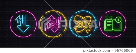 Full rotation, Dollar rate and Energy drops minimal line icons. Neon laser 3d lights. Manual icons. For web, application, printing. 360 degree, Currency changes, Power usage. Read book. Vector Full rotation, Dollar rate and Energy drops minimal line icons. Neon laser 3d lights. Manual icons. For web, application, printing. 360 degree, Currency changes, Power usage. Read book. Vector 96766069
