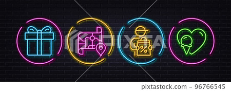 Gift box, Delivery discount and Map minimal line icons. Neon laser 3d lights. Ice cream icons. For web, application, printing. Present package, Courier, Journey road. Sundae cone. Vector 96766545