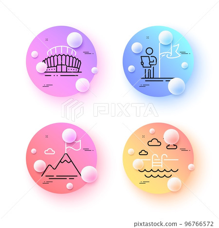 Mountain flag, Leadership and Swimming pool minimal line icons. 3d spheres or balls buttons. Sports stadium icons. For web, application, printing. Success challenge, Winner flag, Basin. Vector Mountain flag, Leadership and Swimming pool minimal line icons. 3d spheres or balls buttons. Sports stadium icons. For web, application, printing. Success challenge, Winner flag, Basin. Vector 96766572