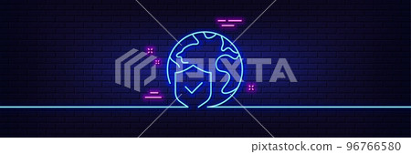 Neon light glow effect. World insurance line icon. Global business protection sign. Internet security symbol. 3d line neon glow icon. Brick wall banner. World insurance outline. Vector 96766580