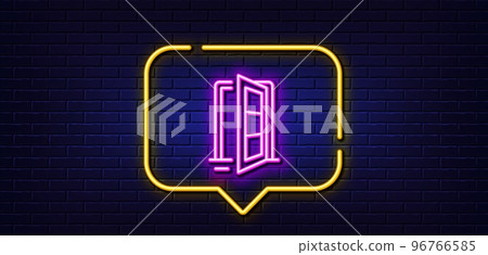 Neon light speech bubble. Open door line icon. Entrance doorway sign. Building entry symbol. Neon light background. Open door glow line. Brick wall banner. Vector Neon light speech bubble. Open door line icon. Entrance doorway sign. Building entry symbol. Neon light background. Open door glow line. Brick wall banner. Vector 96766585