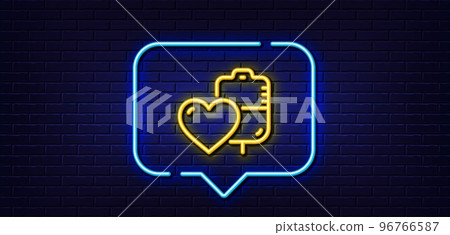 Neon light speech bubble. Donate blood line icon. Medical donor sign. Plasma symbol. Neon light background. Blood glow line. Brick wall banner. Vector 96766587