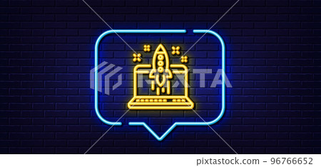 Neon light speech bubble. Start business line icon. Launch crowdfunding project sign. Innovation symbol. Neon light background. Start business glow line. Brick wall banner. Vector 96766652