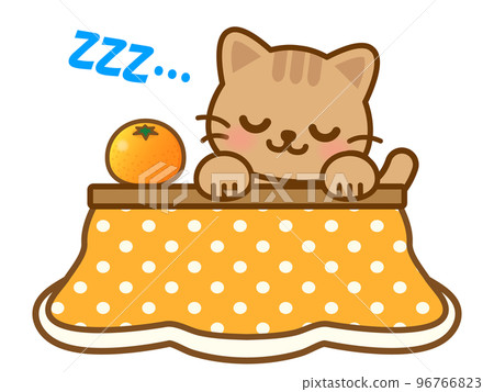 一隻睡在被爐上的可愛棕色虎斑貓的插圖素材 一隻睡在被爐上的可愛棕色虎斑貓的插圖素材 96766823