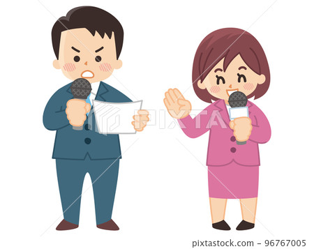 Male and female announcers with microphones Reporters 96767005