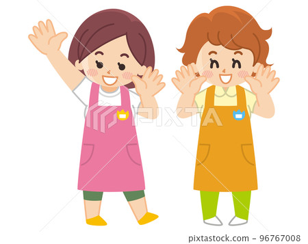 托兒所老師揮動的手的婦女 托兒所老師揮動的手的婦女 96767008