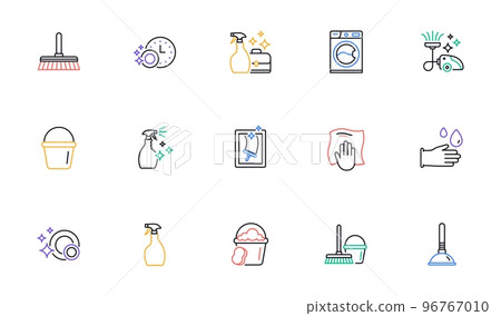 Cleaning line icons. Laundry, Window sponge and Vacuum cleaner. Washing machine linear icon set. Bicolor outline web elements. Vector Cleaning line icons. Laundry, Window sponge and Vacuum cleaner. Washing machine linear icon set. Bicolor outline web elements. Vector 96767010